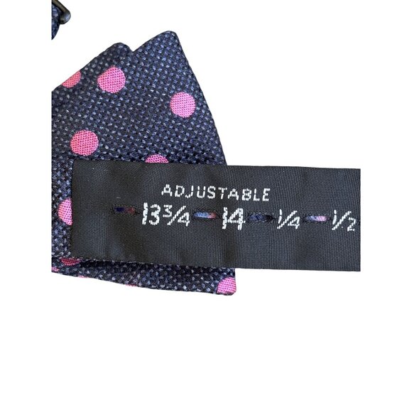 Ted Baker Bowtie Textured 100% Silk Classic Polka Dot Navy Pink Adjustable EUC - Picture 8 of 9
